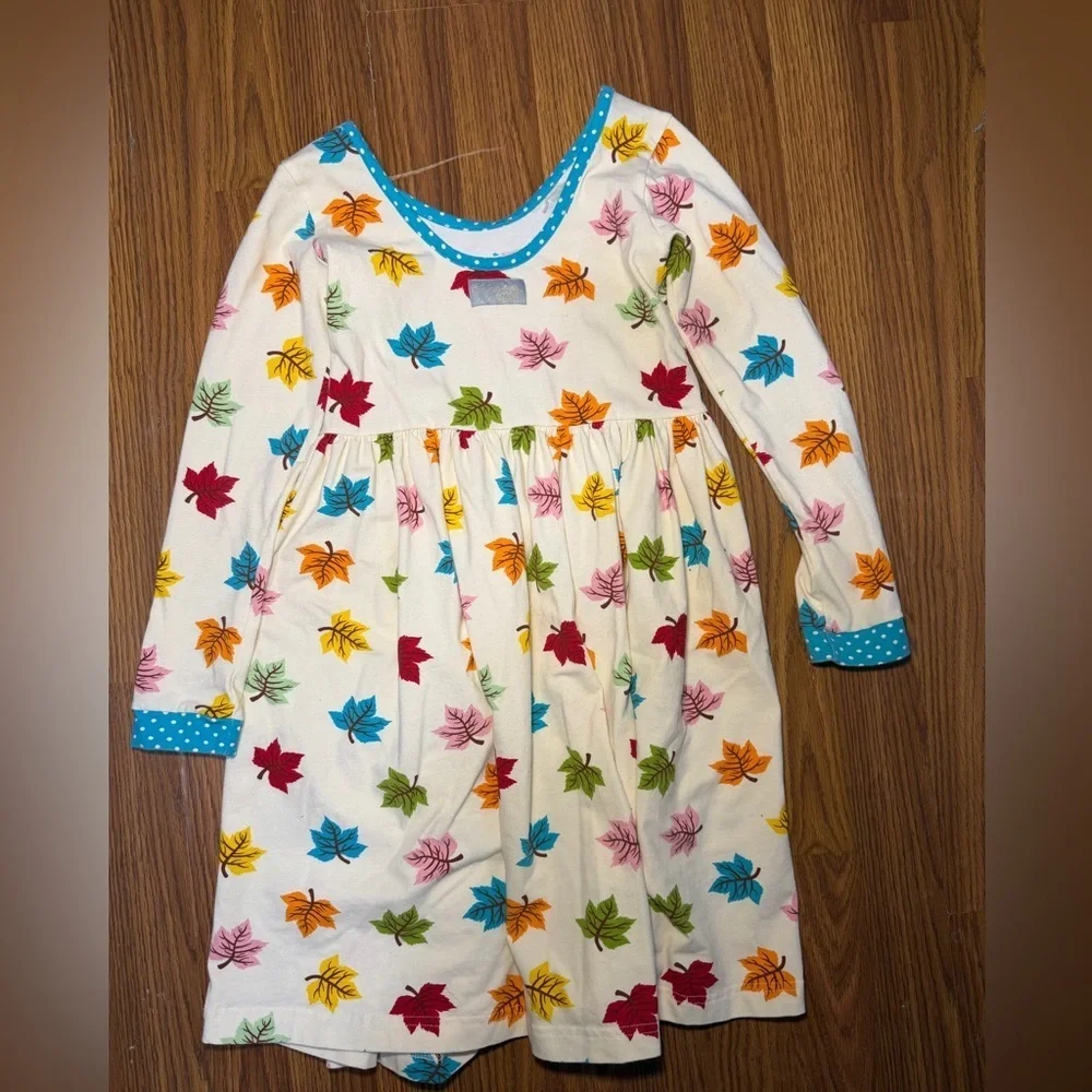 Eleanor Rose long-sleeve dress fall leaf pattern blue polka dot trim size 10/12